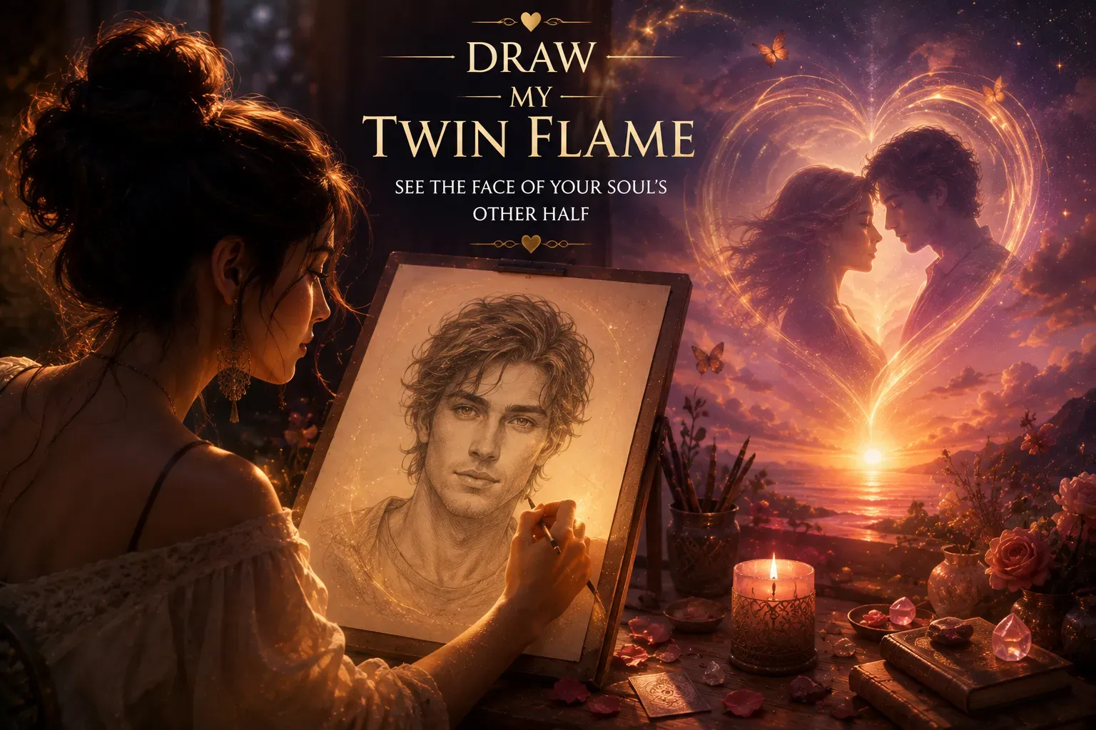 Draw My Twin Flame hero artwork showing a hand-drawn twin flame portrait being sketched